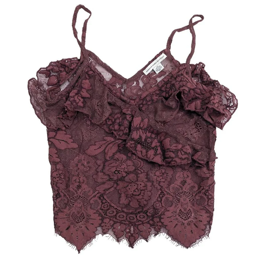 American Eagle Burgundy Rust XXS AE Ruffled Lace Cami Tank Top - Picture 1 of 9